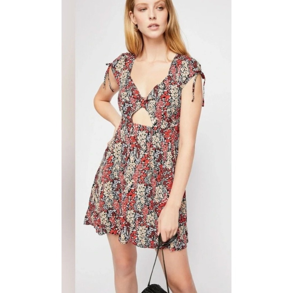 Free‎ People Floral Mini Dress Boho Cutout Tie Sleeve Festival Cottagecore S